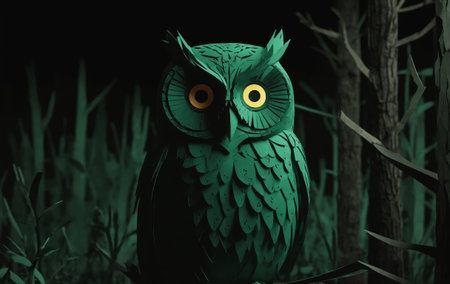 Owl in the forest. 3D illustration. Green background.の素材