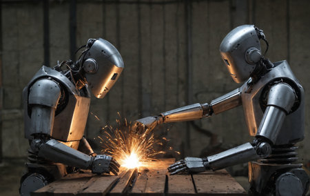 Industrial robot welding with sparks in the factory. Industrial robotの素材