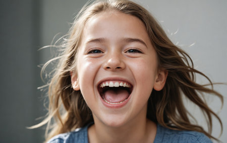 The young girl, with blond hair and a big smile showing her teeth, is happy and having fun. Her open mouth reveals her white teeth, while her eyebrows are raised in excitementの素材