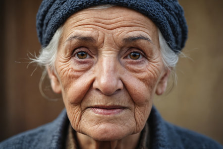 An elderly person exudes comfort and warmth, clad in knitted, patterned clothes, surrounded by the soft blur of home.の素材