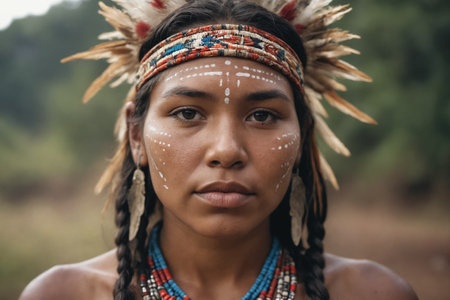 Depicting a rich history, a person adorned with a Native American headdress symbolizes cultural honor.の素材