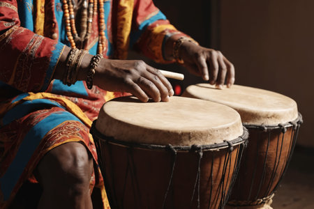 Hands skillfully beat a djembe drum, adorned in vibrant African attire, against a warm, dark backdrop.の素材