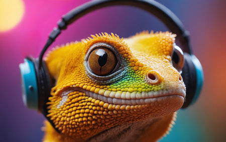 A scaled reptile, known as a lizard, is wearing headphones and smiling in a closeup photo capturing its terrestrial features through macro photographyの素材