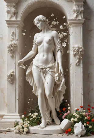 A classical statue of a woman in a state of artistic deconstruction, her form fragmenting elegantly.の素材