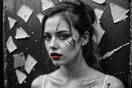 The delicate detail of hair against a backdrop of rough decay highlights this stark monochromatic image.の素材