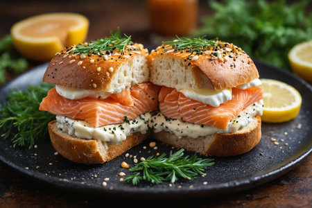 A luxurious bite: smoked salmon and cream cheese on fresh rye with dill and parsley.の素材