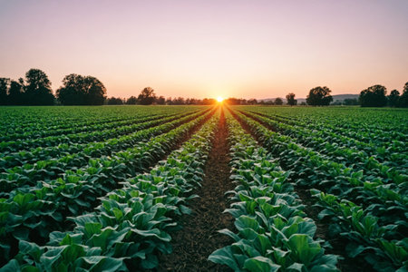 A tranquil field of crops basks in the warm, golden light of either sunrise or sunset, with the sun near the horizon casting a serene glow over the neatly organized rows of green leaves.の素材