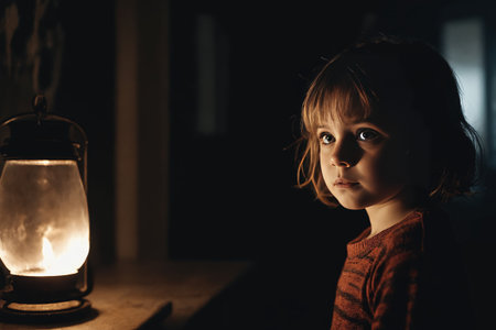 A child gazes at a glowing lantern, filling the dimly lit room with a warm, soft light.の素材