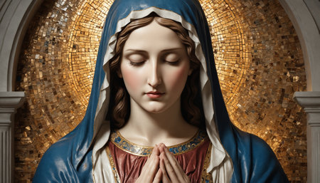 A close-up portrait of the Virgin Mary, depicted in a serene and contemplative pose with her hands clasped in prayer. She is dressed in blue robes and a white veil, and her face is adorned with a subtle, ethereal glow. The background features a stunning mosaic of gold and brown tiles, adding a touch of grandeur to the scene.の素材