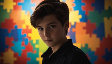 A young boy with dark hair stars intensely at the camera, his face framed by a colorful wall of puzzle pieces. The vibrant colors of the puzzle contrast with the boys serious expression, creating a sense of intrigue and mystery.の素材