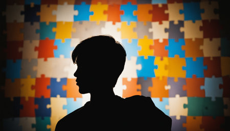 A silhouette of a young person stands in front of a wall covered in colorful puzzle pieces. The image is symbolic of finding ones place in the world and the uniqueness of each individual.の素材