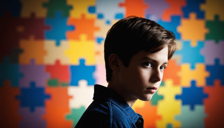 A young boy, with dark hair and penetrating blue eyes, stands in profile before a wall of colorful puzzle pieces. His expression is serious and introspective, suggesting a moment of contemplation. The contrasting tones of the boys silhouette against the bright and vibrant puzzle background create a visually striking image.の素材