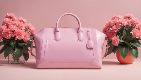 A glossy pink handbag with gold accents sits on a soft pink background. The handbag has a top handle and a zipper closure. A vase of pink flowers sits to the left of the handbag.の素材