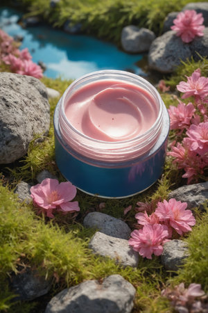 A blue and pink jar of cream sits on a bed of green moss, surrounded by gray rocks. Delicate pink flowers add a touch of beauty to the scene, creating a calming and natural aesthetic.の素材