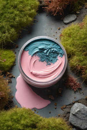 A top-down view of two face masks, one pink and one teal, resting on a bed of green moss. Delicate pink blossoms surround the masks, adding a touch of springtime beauty to the scene.の素材