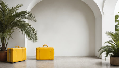 Two bright yellow suitcases sit on a concrete floor in a room with white walls and an archway. A palm tree stands to the left of the suitcases, and another plant stands to the right. The room is well-lit, and the image has a minimalist aesthetic.の素材