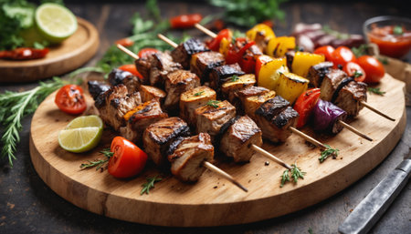 A close-up shot of grilled meat and vegetable skewers on a rustic wooden board. The skewers are arranged in a visually appealing pattern, showing the delicious combination of grilled meat, colorful bell peppers, and onion. The background features fresh produce, suggesting a summer barbecue or outdoor meal.の素材