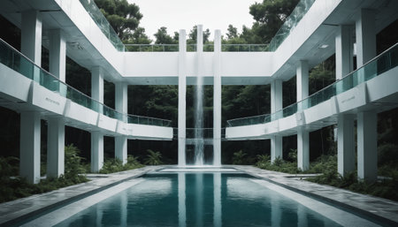 A modern, minimalist structure with a central cascading waterfall and a reflecting pool, surrounded by lush greenery. The architecture features white walls and glass railings, creating a sense of openness and tranquility. The scene evokes a feeling of peace and serenity, offering a sanctuary amidst natures beauty.の素材