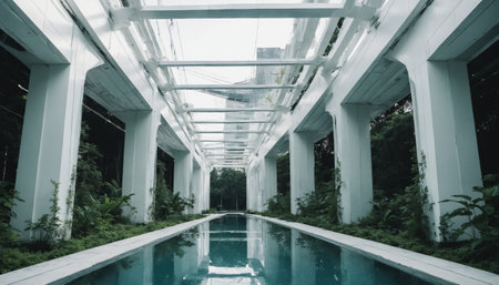A modern pool, situated beneath a white, glass-covered structure, offers a tranquil escape from the hustle and bustle of the city. Lush greenery frames the perimeter, creating a peaceful ambiance. The natural light filtering through the glass roof casts a soft glow upon the waters surface.の素材