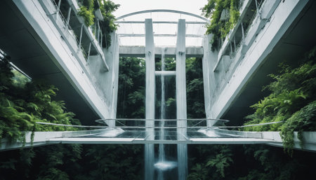 A modern pool, situated beneath a white, glass-covered structure, offers a tranquil escape from the hustle and bustle of the city. Lush greenery frames the perimeter, creating a peaceful ambiance. The natural light filtering through the glass roof casts a soft glow upon the waters surface.の素材