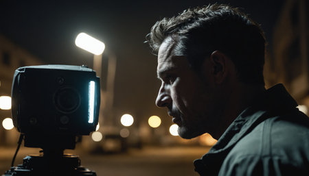 A man stands in the shadows of a city street at night, his face partially obscured as he gazes intently at a camera lens. The camera, mounted on a tripod, is illuminated by a bright light, reflecting the mans profile in a haunting image. The background is blurred and out of focus, highlighting the man and the camera in stark contrast to the surrounding city lights.の素材