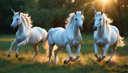 Three white unicorns with spiraled horns are running through a lush green meadow with their manes flowing in the wind. The sun shines brightly in the background, casting a golden glow over the scene.の素材