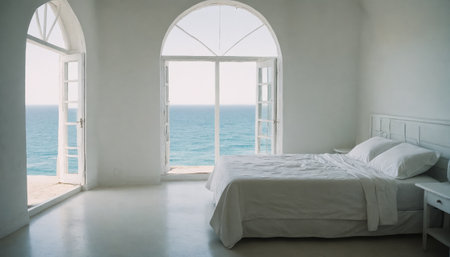 A white bedroom with a bed made with crisp white lines faces a panoramic view of the ocean. Large arched windows and French doors let in the natural light and frame the view. A painting of a coastal scene hangs on the wall, adding to the coastal theme.の素材