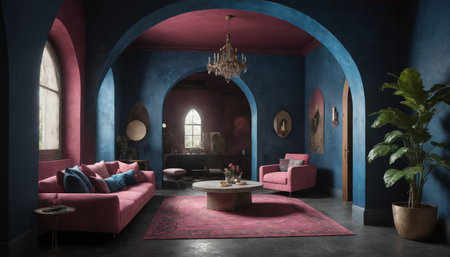 A luxurious living room with blue and pink walls, arched doorways, and a large window overlooking a garden. The room is furnished with a pink velvet sofa, an armchair, a round coffee table, and a potted plant. A chandelier hangs from the ceiling, casting a warm glow on the room.の素材