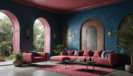 This image showcases a spacious living room with an ornate, arched doorway leading to another room. The room is painted in vibrant shades of blue and crimson, accented by a large, plush sofa and a coffee table positioned in front of a captivating view of a distant landscape through multiple arched windows.の素材
