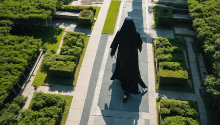 A person dressed in a black abaya walks down a paved path in a formal garden. The garden features symmetrical hedges and manicured pathways. The sunlight casts shadows from the trees and the persons figure.の素材