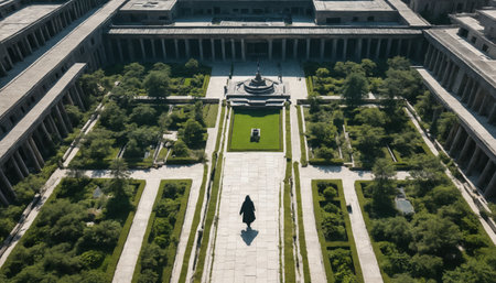 An aerial view of a courtyard within an old palace, featuring a single figure walking across the stone-paved floor. The courtyard is surrounded by walls, arches, and lush greenery, suggesting a historical setting. The sunlight illuminates the scene, casting long shadows on the ground, adding a sense of depth and mystery to the image.の素材