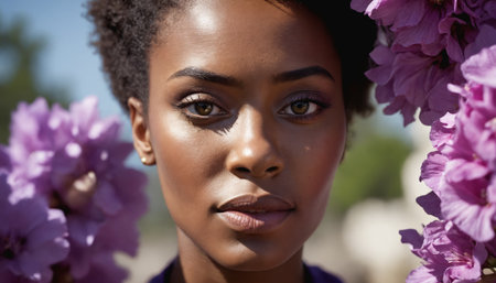A close-up portrait of a woman with dark skin and short curly hair, framed by soft purple flowers. She is looking directly at the camera with a serious expression. The image is bathed in warm sunlight, creating a soft and ethereal glow.の素材