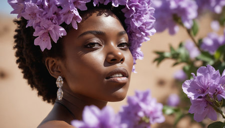 A close-up portrait of a woman with dark skin and short curly hair, framed by soft purple flowers. She is looking directly at the camera with a serious expression. The image is bathed in warm sunlight, creating a soft and ethereal glow.の素材
