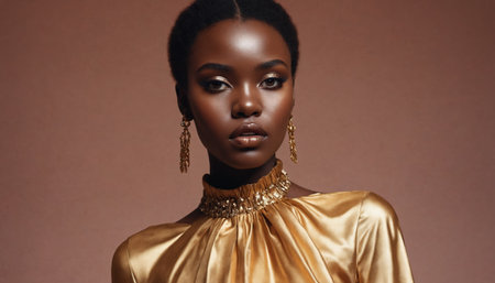 A close-up portrait of a woman with short, dark hair, wearing earrings, and a confident gaze. She is framed by vibrant purple flowers. The image captures a sense of natural beauty and confidence.の素材