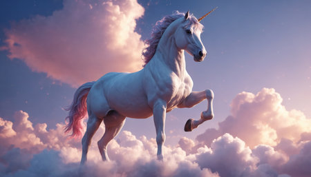 A majestic white unicorn with a long, flowing mane and tail stands on a cloud, its horn gleaming in the golden light of the setting sun. It looks like it is about to leap into the sky, perhaps toward a magical destination.の素材