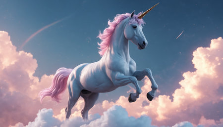 A white unicorn with a pink mane and tail gallops through the sky, leaving a trail of stardust in its wake. The unicorns horn shines brightly, reflecting the warm hues of the setting sun. Pink and white clouds drift lazily across the vast sky, creating a magical and ethereal atmosphere.の素材