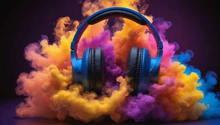 A pair of blue headphones sits in a cloud of vibrant orange and purple smoke, suggesting a world of sound and imagination. The headphones are the centerpiece of the image, their sleek design contrasting with the swirling, dynamic colors. The smoke creates a sense of movement and energy, as if the headphones are being swept away by a tide of sound.の素材