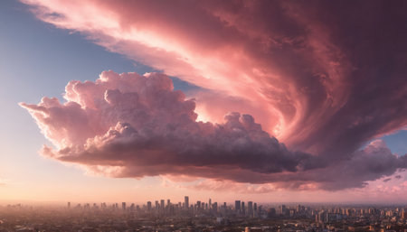 A panoramic view of a city skyline at sunrise, with a large expanse of pink fluffy clouds dominating the sky. The sun is rising behind the clouds, casting a warm glow over the cityscape. The cityscape appears hazy and distant, creating a sense of mystery and intrigue.の素材