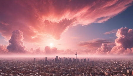 A breathtaking aerial view of a cityscape bathed in the warm glow of a setting sun. The sky is a vibrant canvas of pink and orange, with fluffy clouds that appear to be floating over the buildings. The citys skyline stretches out below, with skyscrapers and homes nestled together amidst a sea of trees and greenery.の素材