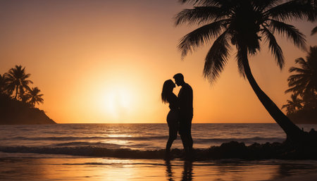 A silhouette of a couple embracing on a beach, as the sun sets behind a palm tree and paints the sky in vibrant shades of orange and pink. The scene is serene and romantic, capturing a moment of intimacy against the backdrop of a beautiful tropical landscape.の素材