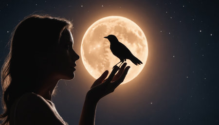 A silhouette of a woman with her arms outstretched reaches towards a bird flying in front of a full moon. The image is captured against a dark night sky. The subject is lit from behind by the moon, creating a dramatic contrast between the light and dark.の素材