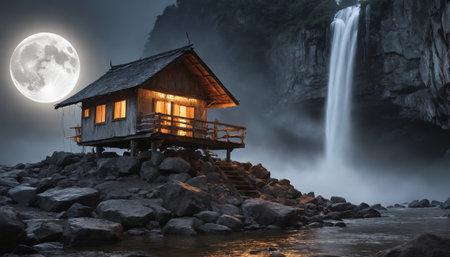 A small cabin with warm lights glows beneath a full moon, nestled amidst large rocks by a flowing waterfall. The scene evokes a sense of tranquility and peace, perfect for a secluded retreat amidst natures beauty.の素材
