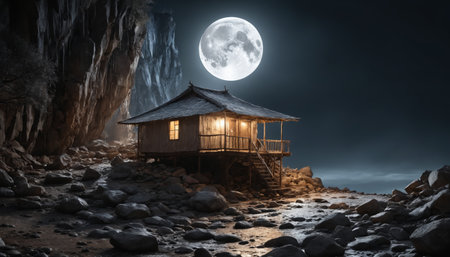 A small wooden cabin sits nestled amongst towering cliffs and a rushing waterfall, illuminated by the soft glow of the moon. The water below reflects the light, creating a peaceful and tranquil scene. The cabin appears to be a secluded and cozy escape from the world.の素材