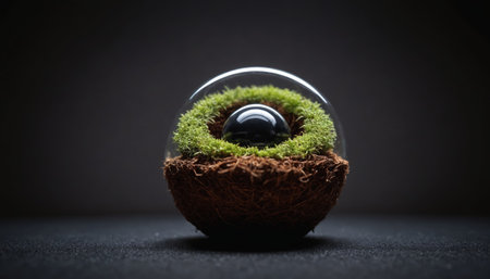 A glass sphere containing a miniature ecosystem. A ring of green moss surrounds a black sphere, resting on a bed of brown material. The sphere is set against a dark background.の素材