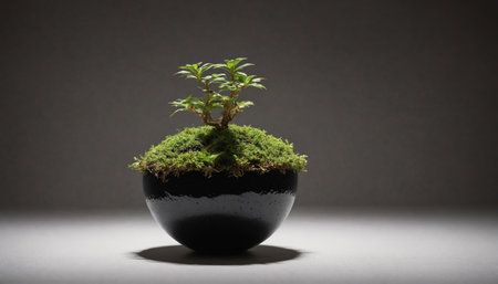 A single sprout, with bright green leaves, emerges from a moss-covered sphere. The sphere sits on a dark gray surface, bathed in the soft glow of a dim light. The background is a dark, almost black, providing a striking contrast to the vivid green of the sprout.の素材