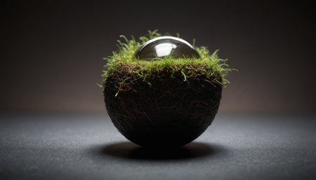 A close-up shot of a spherical orb of moss nestled against a dark background. A smooth, black sphere is contained within the moss, reflecting the ambient light.の素材