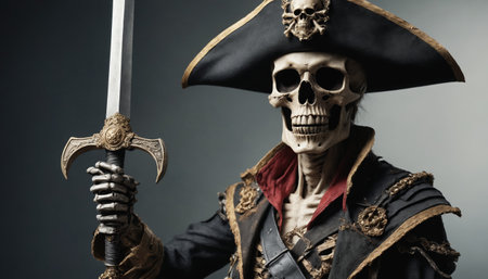 A skeletal pirate, adorned in a tattered, gold-trimmed coat and a tricorn hat, raises a gleaming silver sword with a decorative golden hilt. The skulls grin is unnervingly human, its empty eyes staring directly at the viewer. The backdrop is a stark grey, highlighting the captains imposing presence.の素材