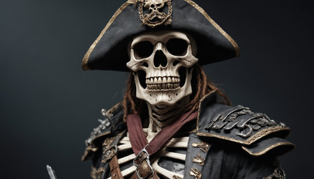 A pirate skeleton, dressed in full regalia, stands with a sword in hand, ready to lead his crew into battle. The skeletons menacing gaze and imposing posture create a sense of both humor and danger.の素材
