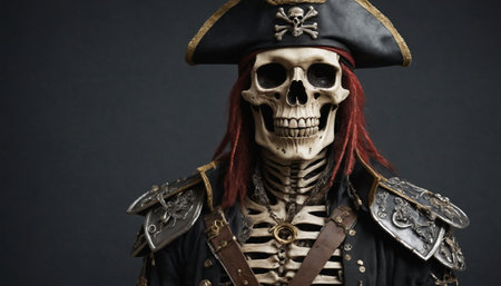 A skeletal pirate, clad in a black coat, holds a sword in a skeletal hand. He wears a tricorn hat, a red bandana, and has long, red dreadlocks. The image captures a sense of danger and determination, set against a dark and shadowy background.の素材