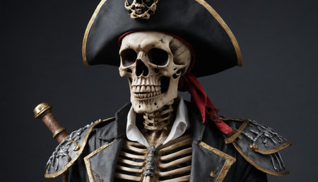 A skeletal pirate, dressed in a tattered black coat and a tricorn hat, stars directly at the camera with an eerie intensity. The skulls empty eye sockets seem to pierce through the viewer, and a red bandana hangs around the neck. The pirates skeletal ribcage is visible through the coat, giving the image a chilling and macabre feel.の素材
